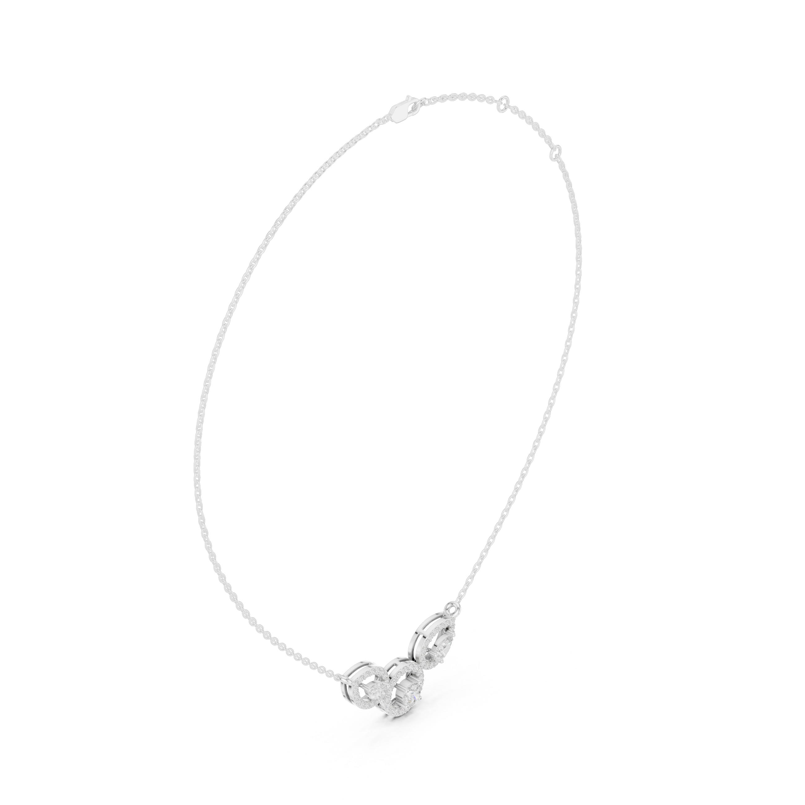 Pear diamond halo pendant with cable chain, side view