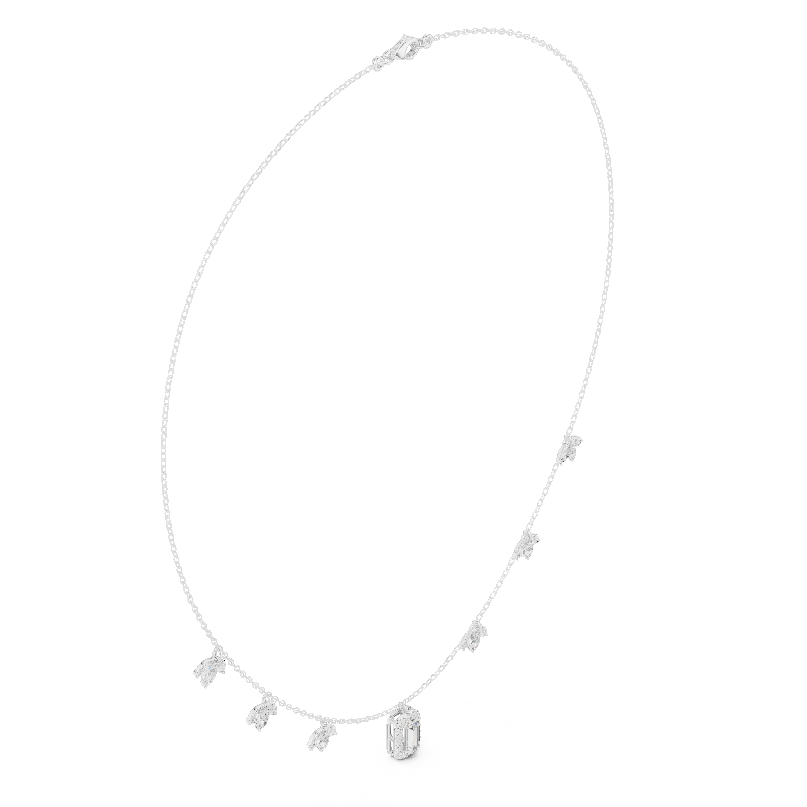 Diamond pendant necklace with baguette center stone and star accents, platinum-tone gold