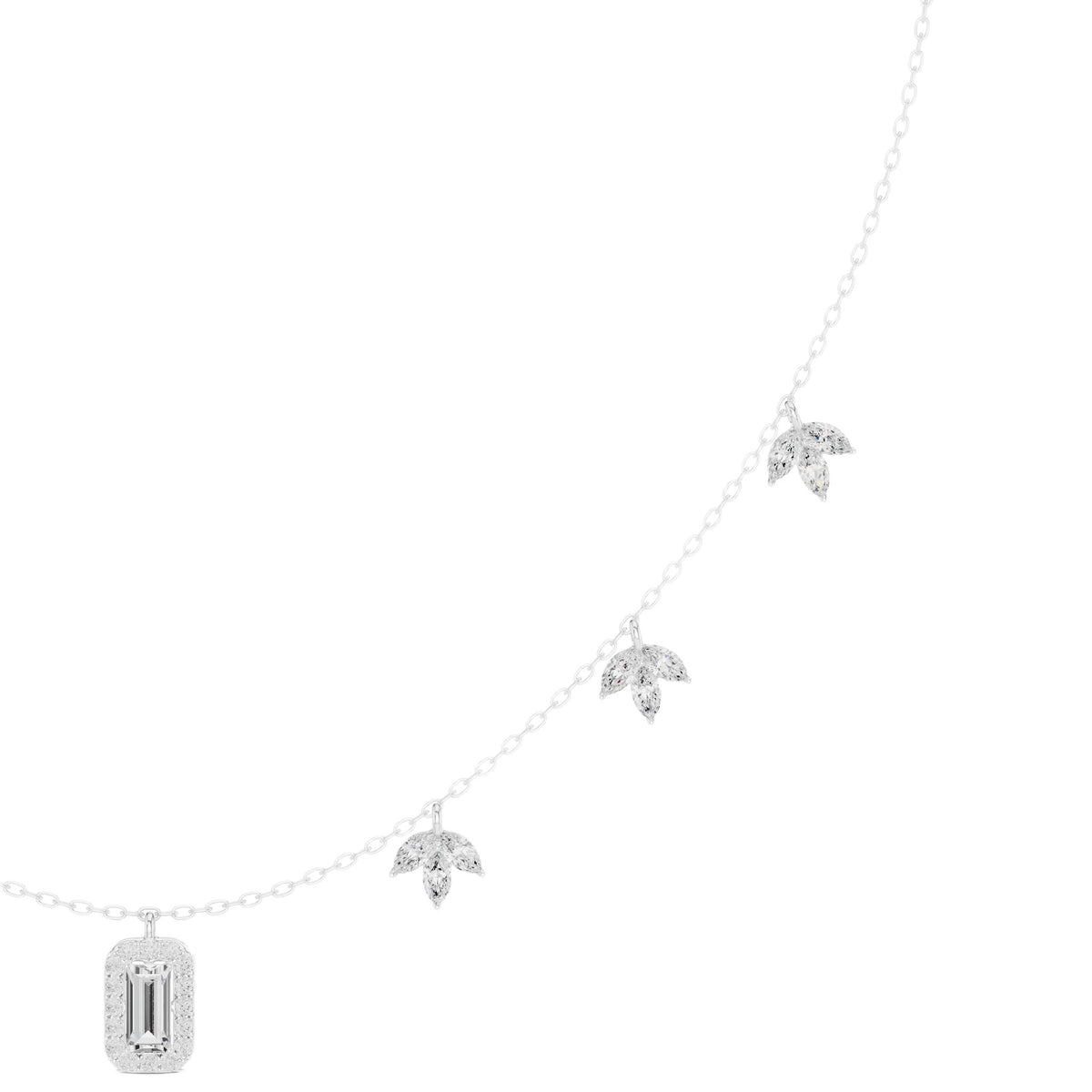 White gold diamond halo necklace with linked star motifs and baguette drop pendant