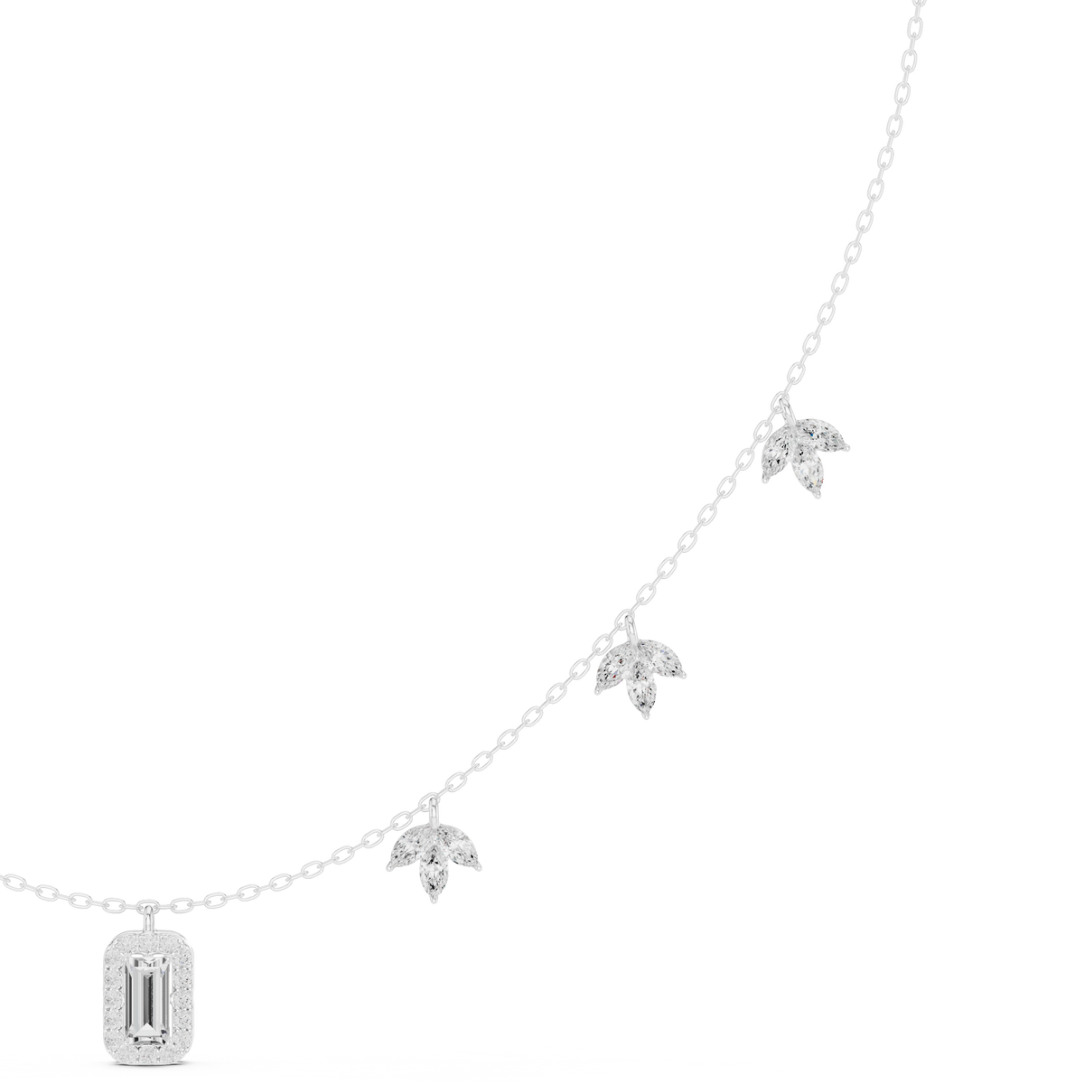 White gold diamond halo necklace with linked star motifs and baguette drop pendant
