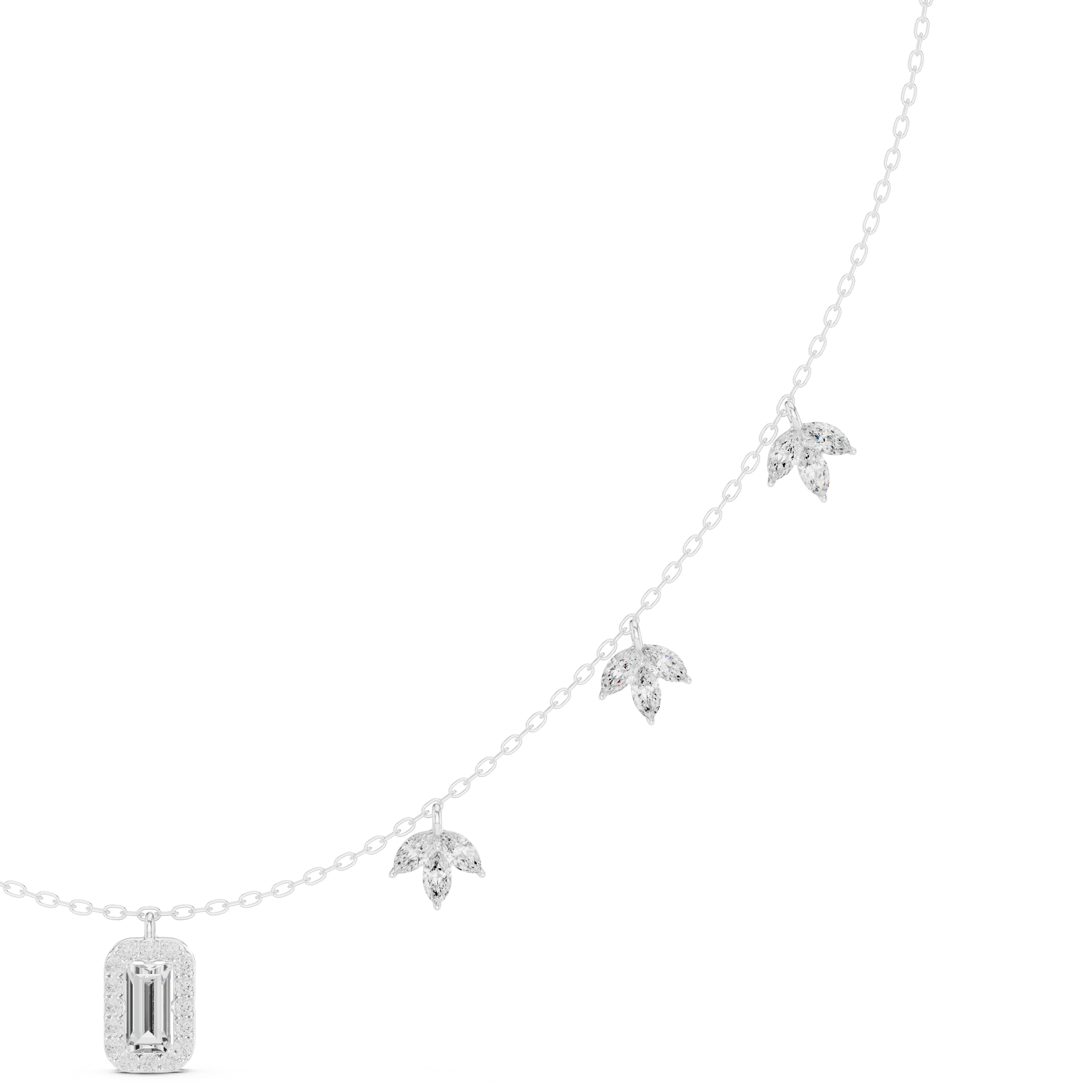 Diamond pendant necklace with baguette center stone and star accents, white gold