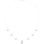 White gold halo diamond necklace with small clustered stones and baguette center pendant