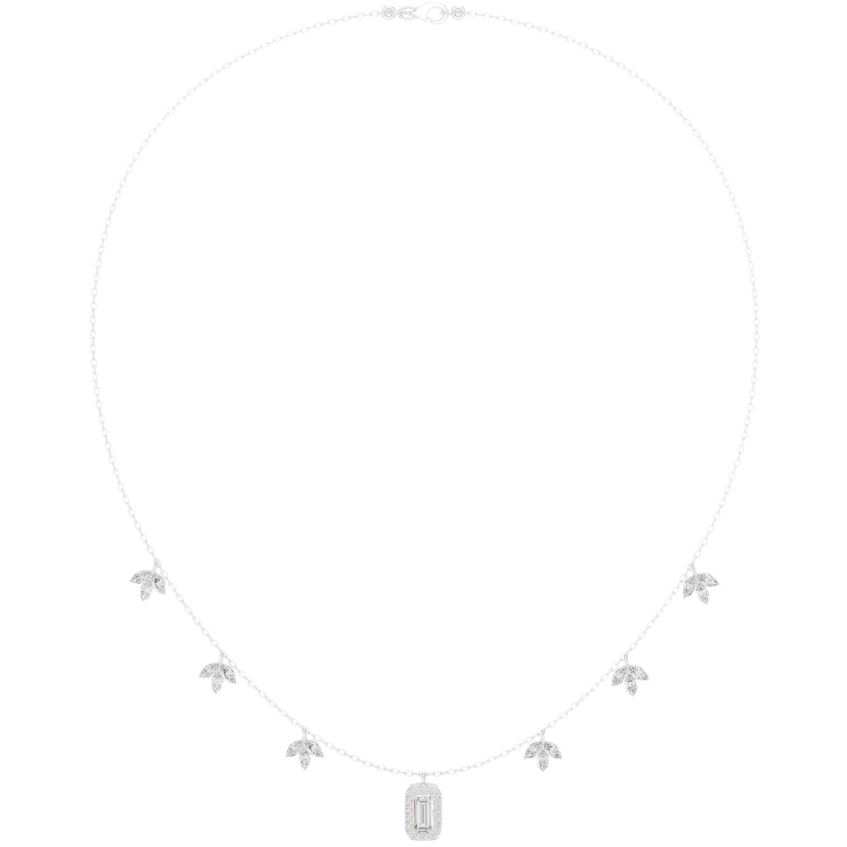 White gold halo diamond necklace with small clustered stones and baguette center pendant