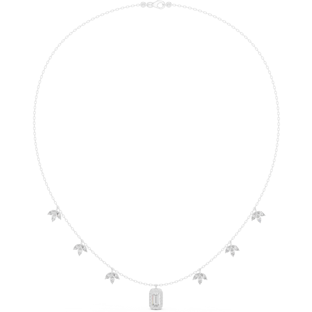Diamond-studded halo necklace with baguette-cut center drop pendant on a thin chain