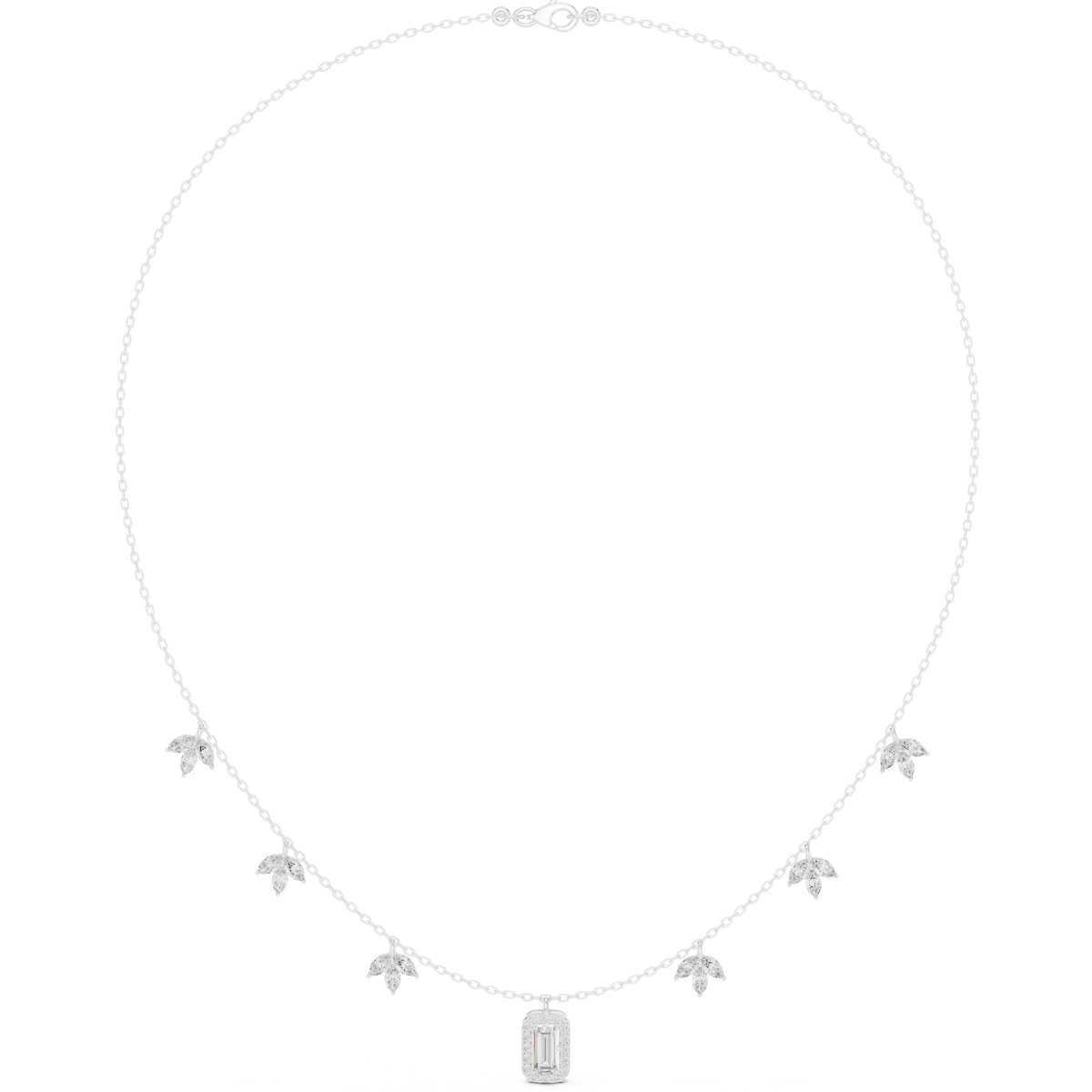 White gold halo diamond necklace with small clustered stones and baguette center pendant