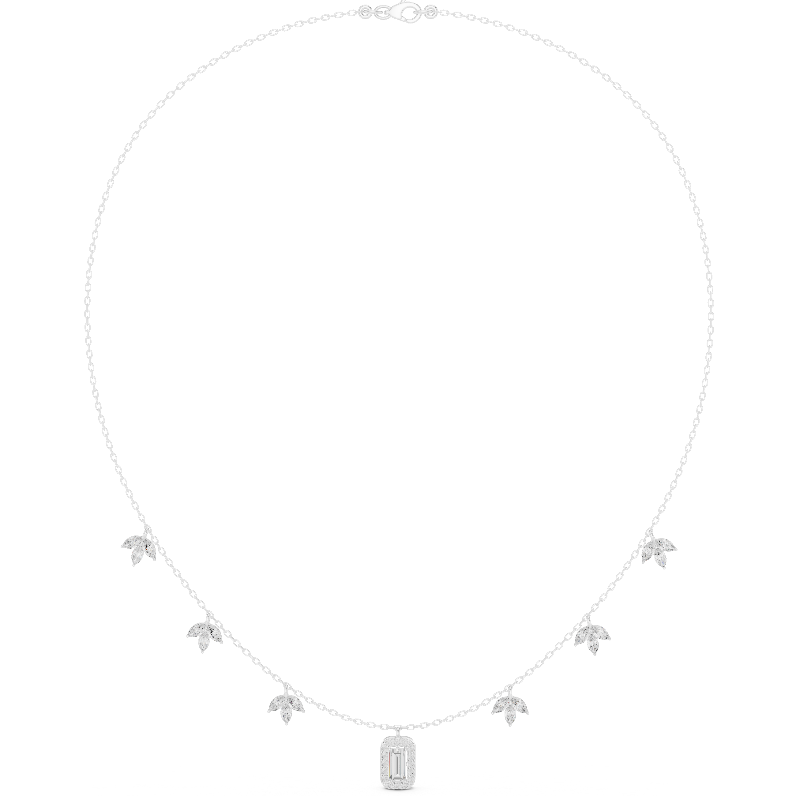 Diamond-studded halo necklace with baguette-cut center drop pendant on a thin chain