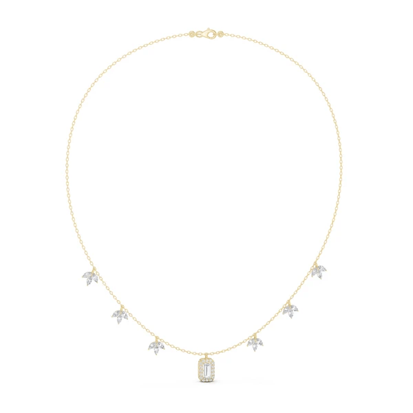 Yellow gold diamond pendant necklace with small star motifs and baguette-cut center stone