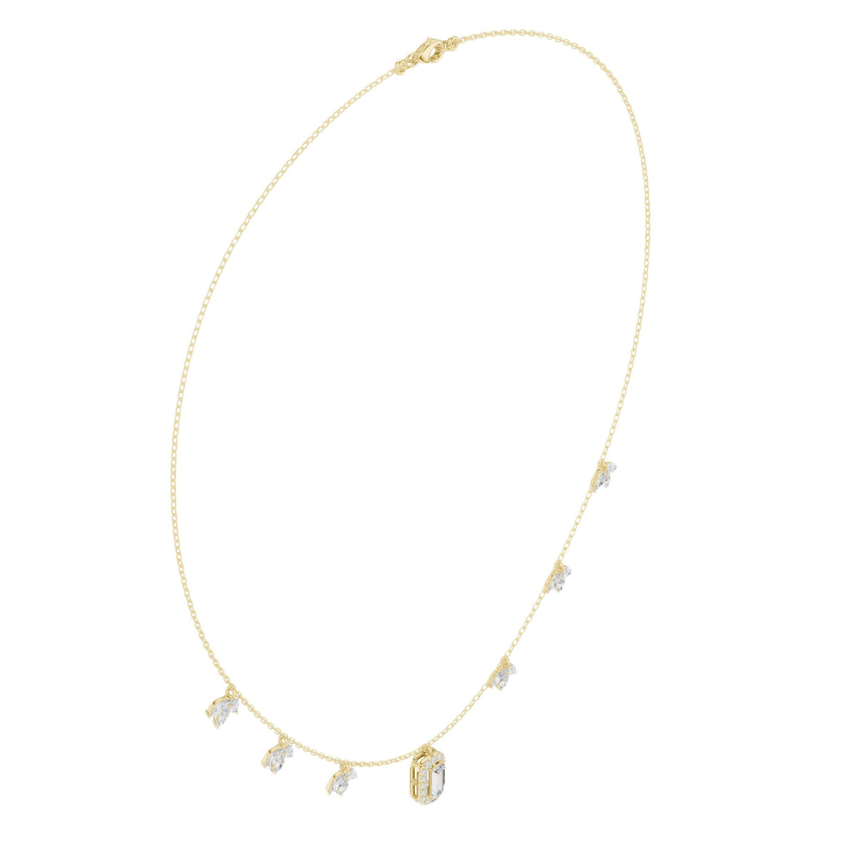 Diamond pendant necklace with baguette center stone and star accents, yellow gold