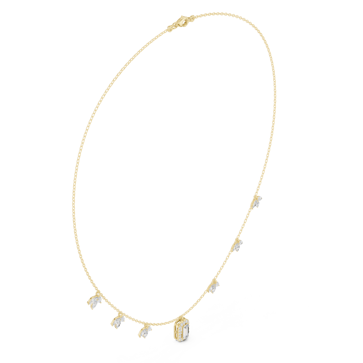 Diamond pendant necklace with baguette center stone and star accents, yellow gold