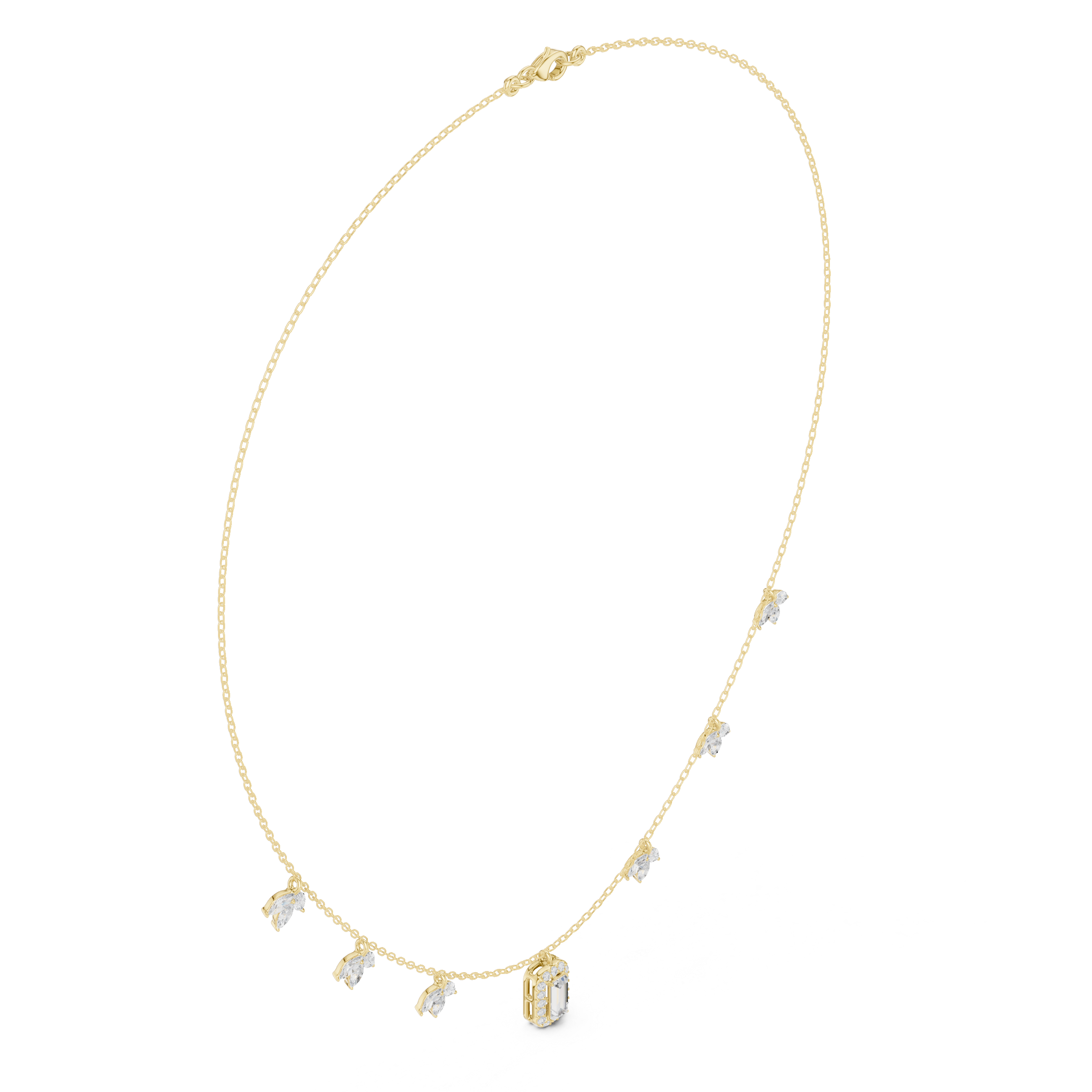 Diamond pendant necklace with baguette center stone and star accents, yellow gold