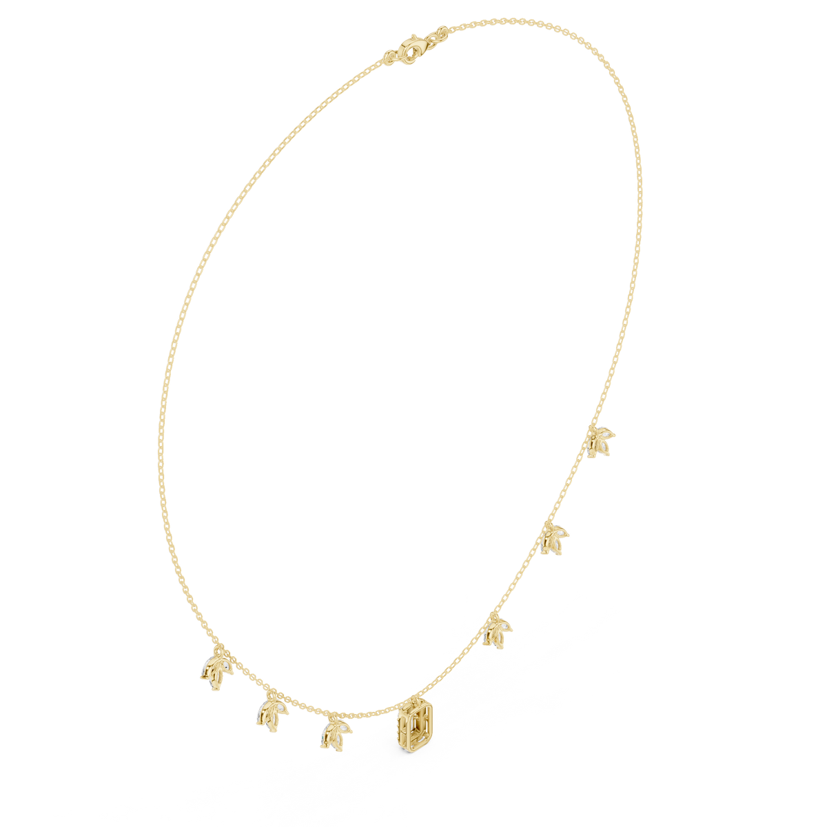 Diamond pendant necklace with baguette center stone and star accents, yellow gold