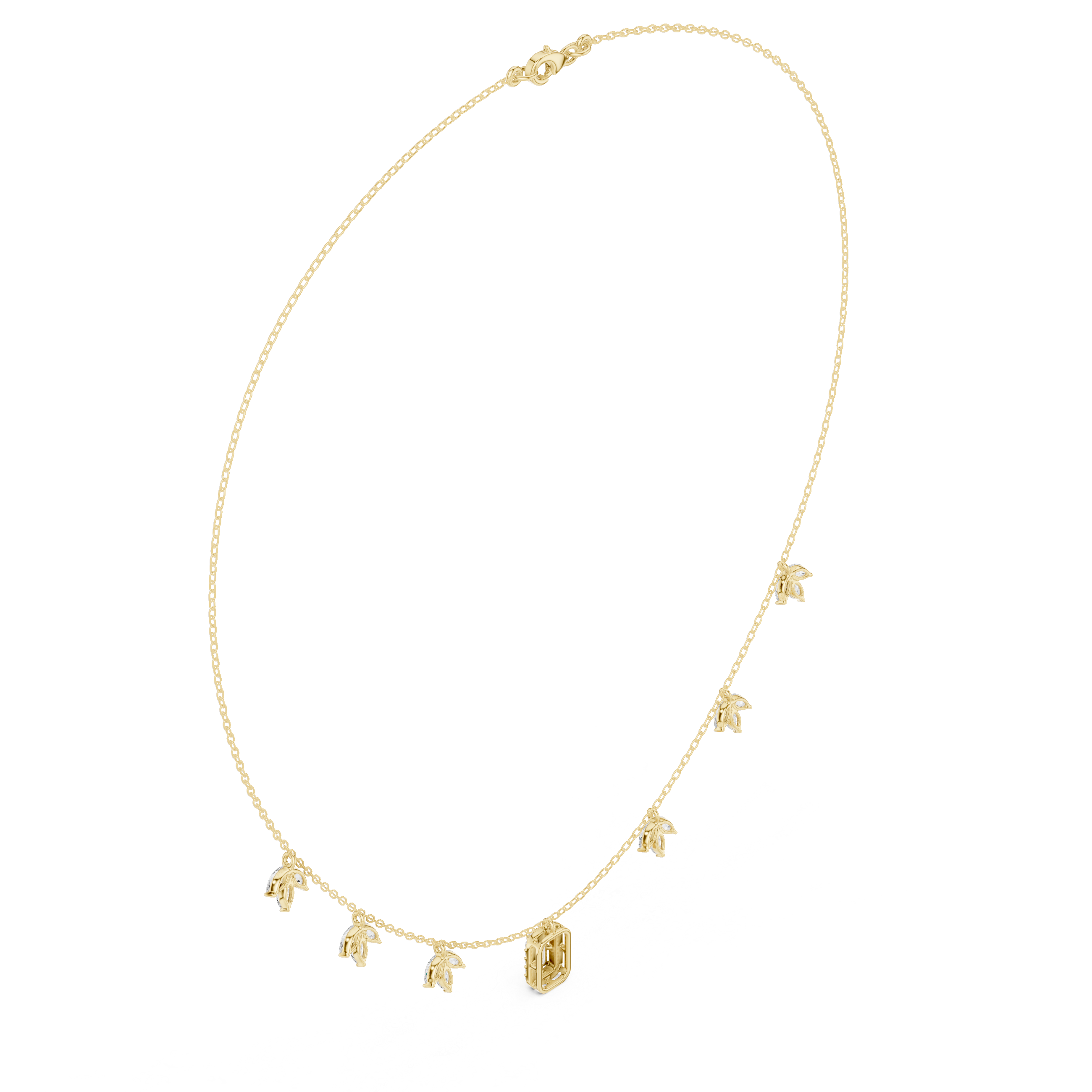 Diamond pendant necklace with baguette center stone and star accents, yellow gold