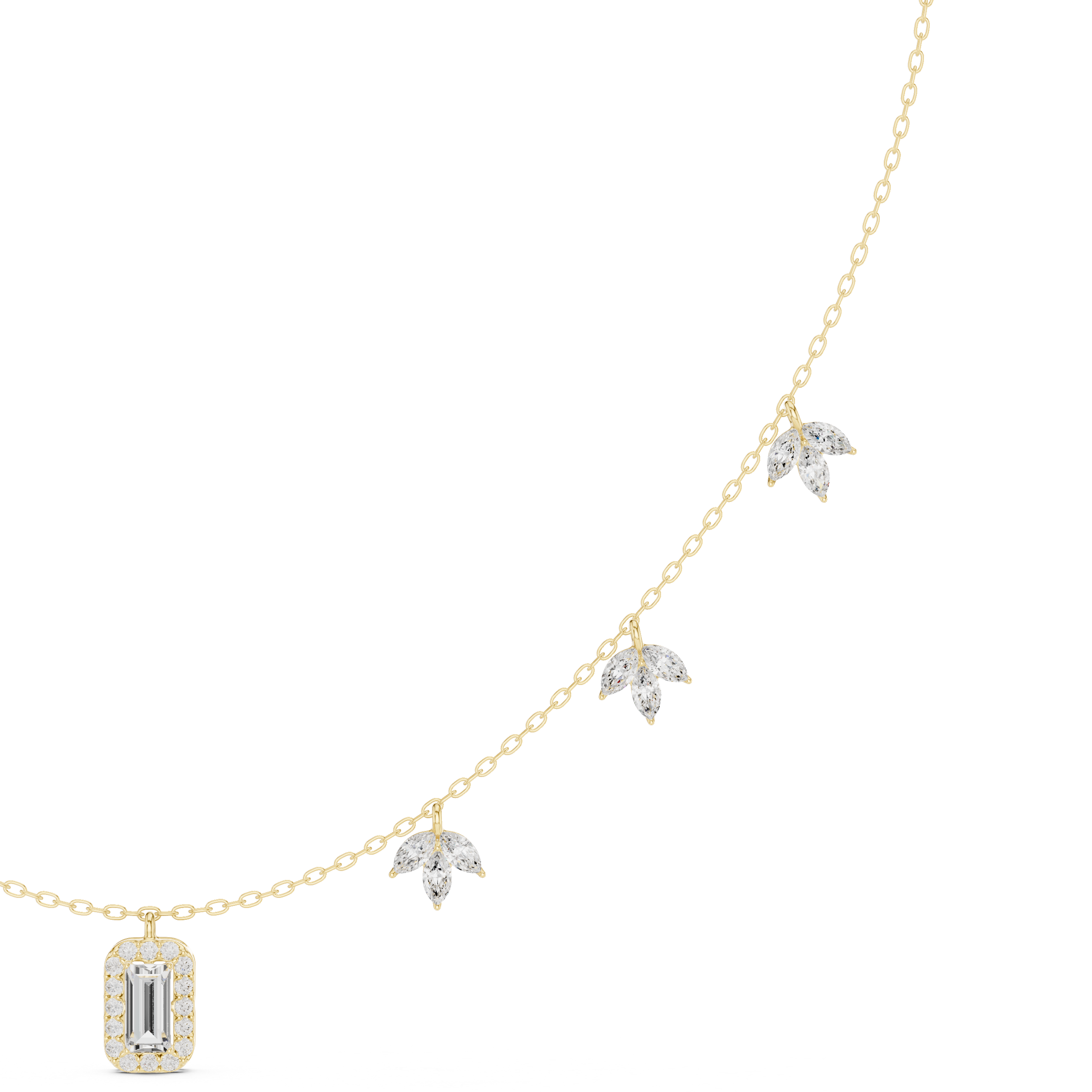 Diamond pendant necklace with baguette center stone and star accents, yellow gold