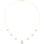 Yellow gold halo-style diamond necklace with small clustered stones and baguette pendant