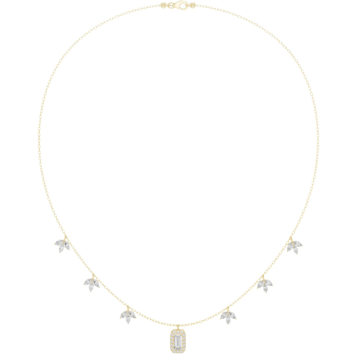 Yellow gold halo-style diamond necklace with small clustered stones and baguette pendant