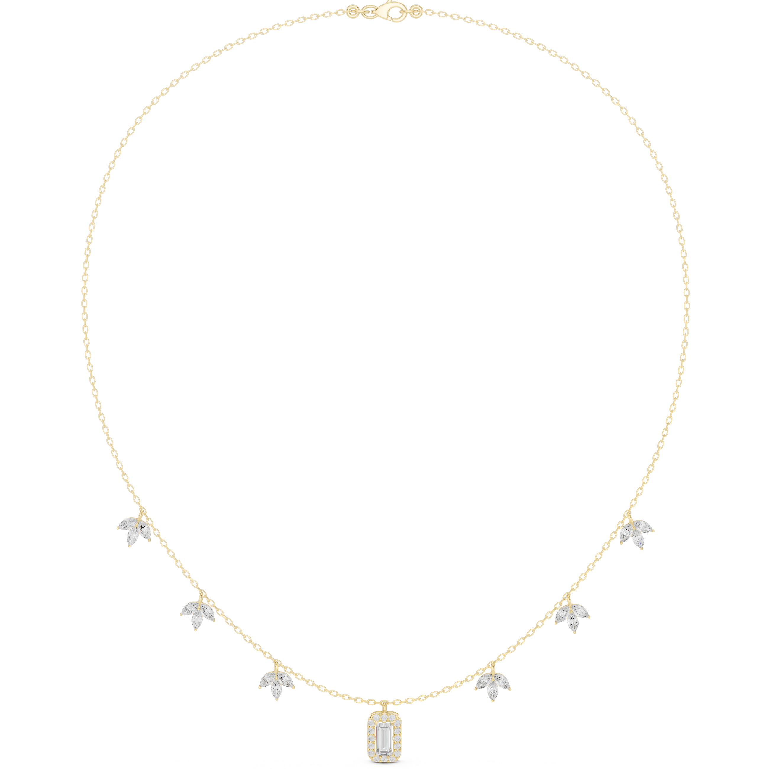 Yellow gold halo-style diamond necklace with small clustered stones and baguette pendant