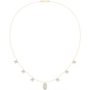 Yellow gold halo-style diamond necklace with small clustered stones and baguette pendant
