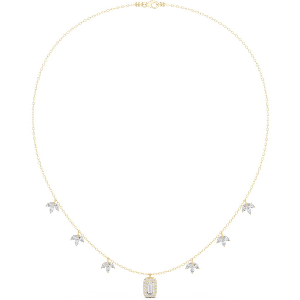 Diamond pendant necklace with baguette center stone and star accents, yellow gold