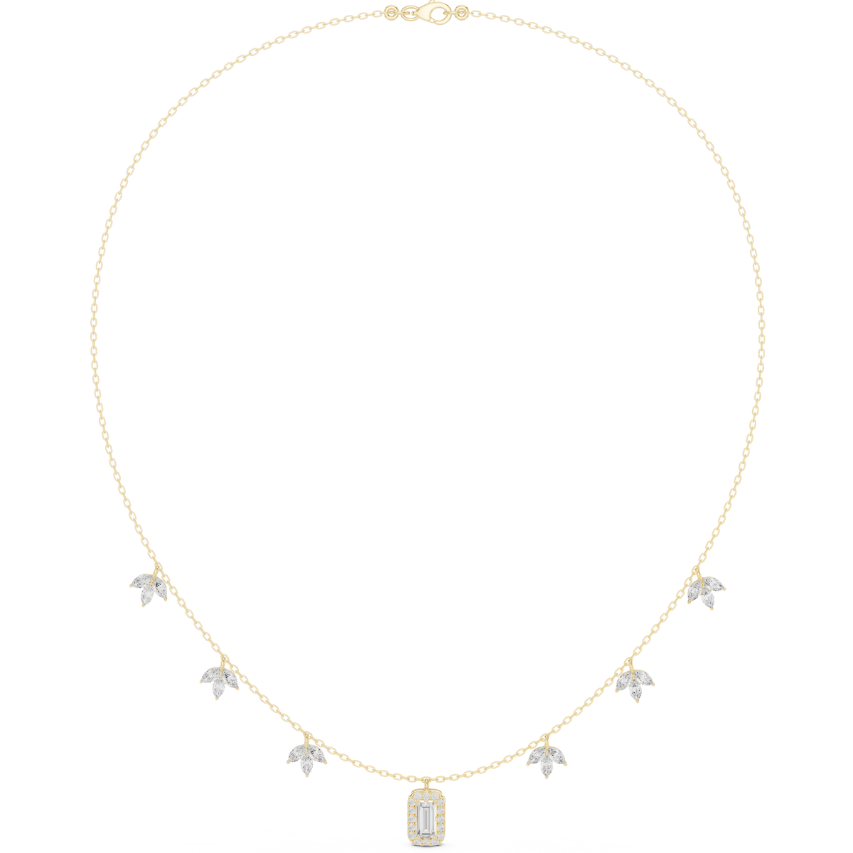 Yellow gold halo-style diamond necklace with small clustered stones and baguette pendant