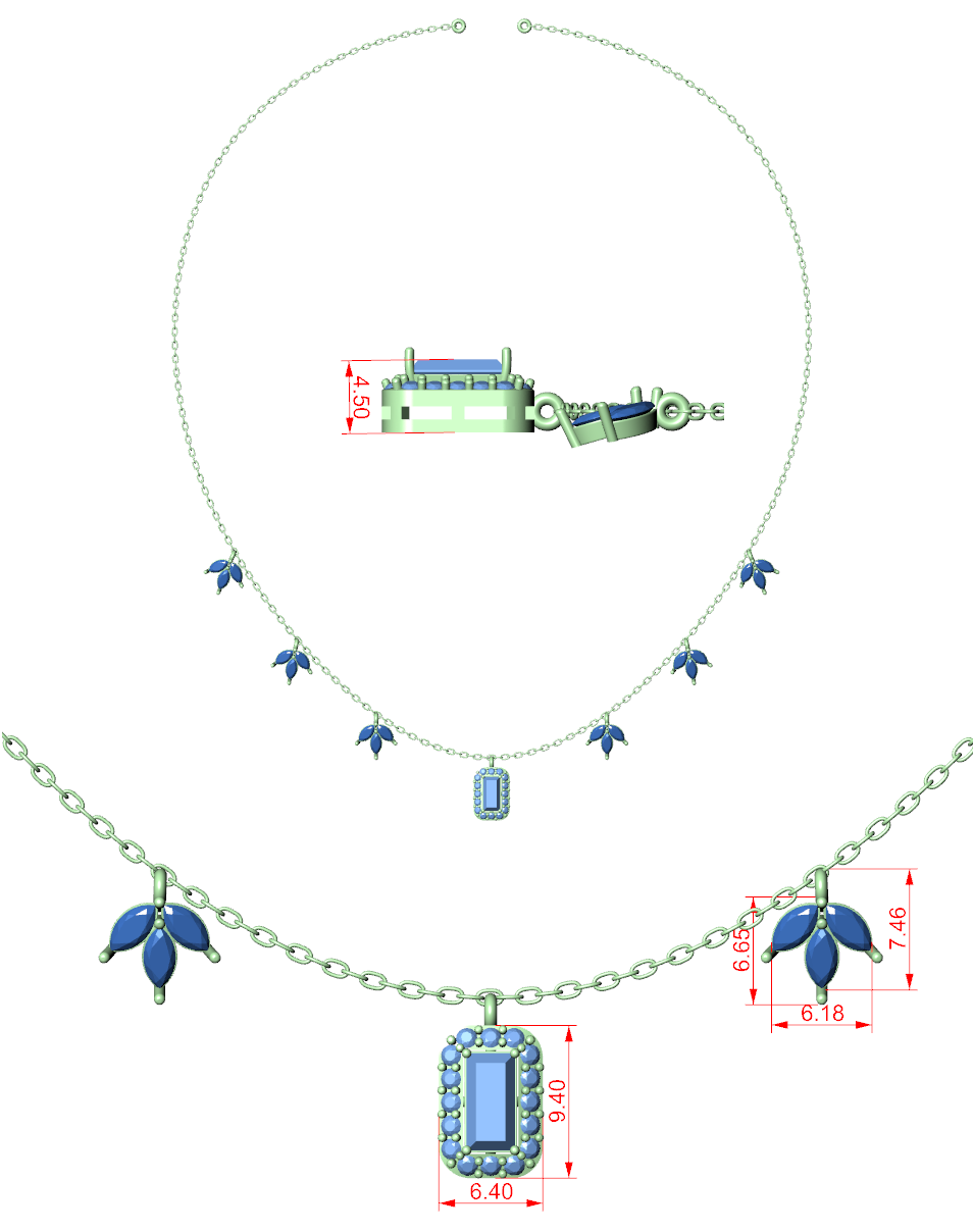 Diamond pendant necklace concept with blue accent stones and baguette-cut center on chain