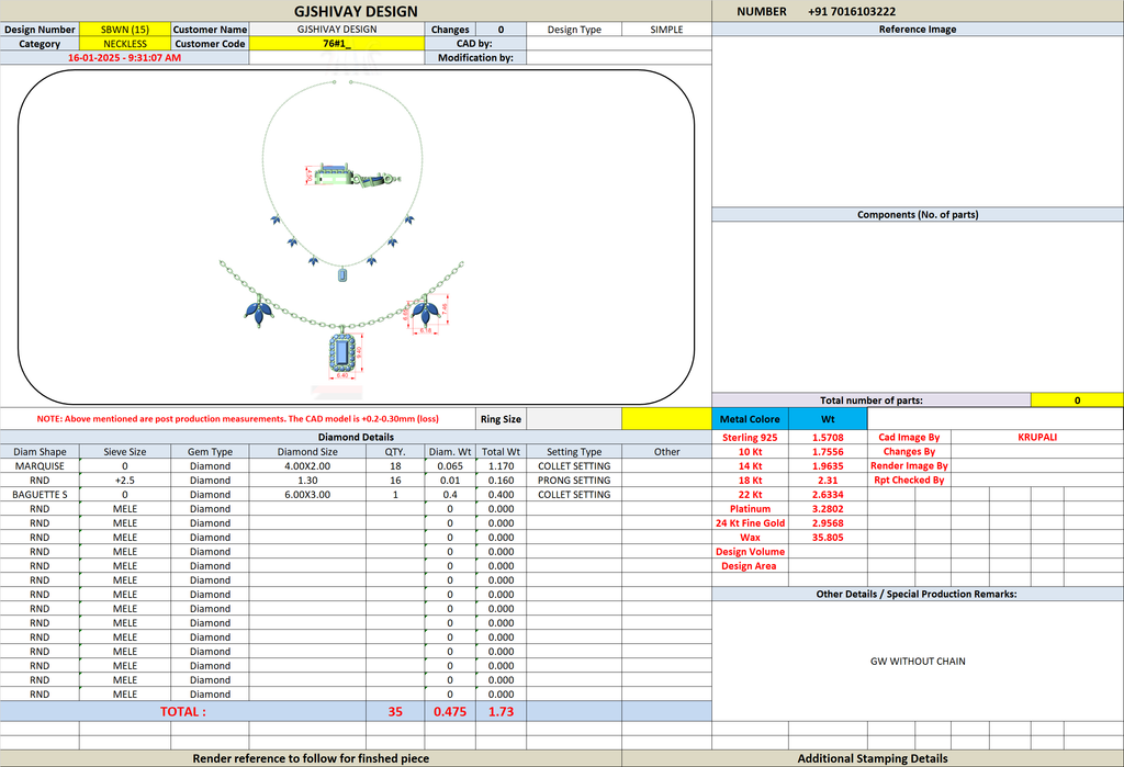 CAD diagram of diamond pendant necklace design with baguette-cut center and measurements