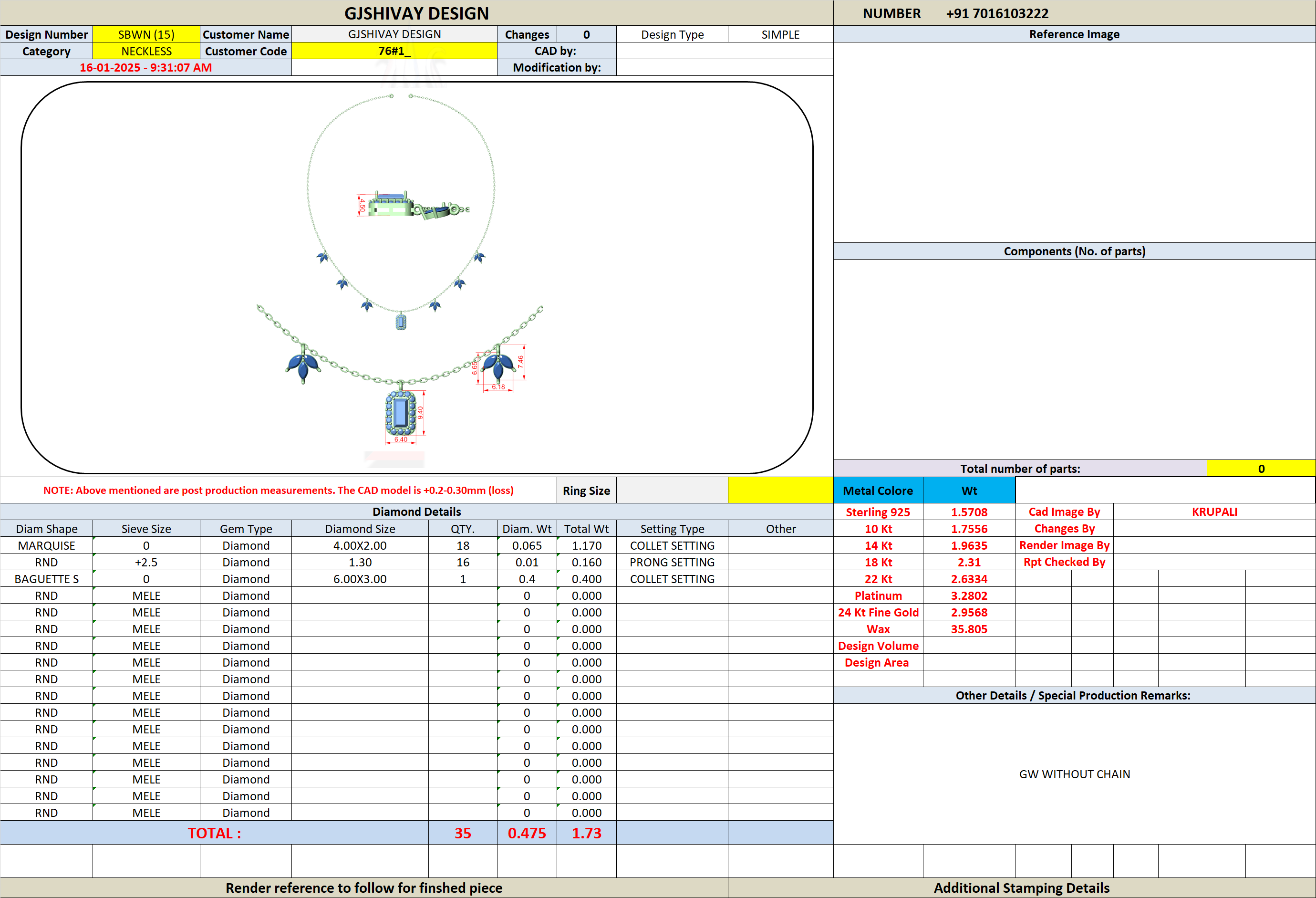 CAD diagram of diamond pendant necklace design with baguette-cut center and measurements