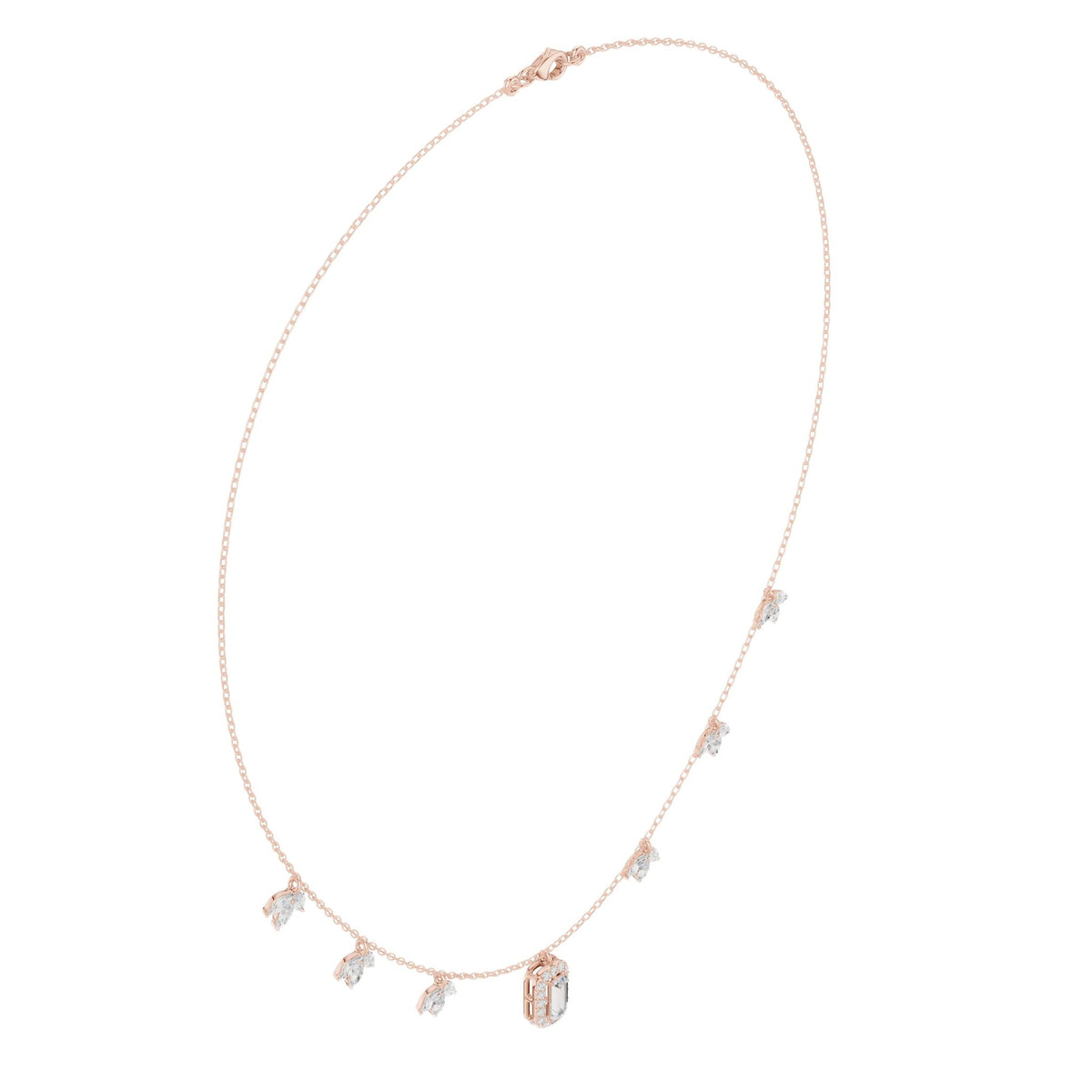 Rose gold halo diamond necklace with small linked stones and baguette centerpiece