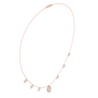 Rose gold halo diamond necklace with small linked stones and baguette centerpiece