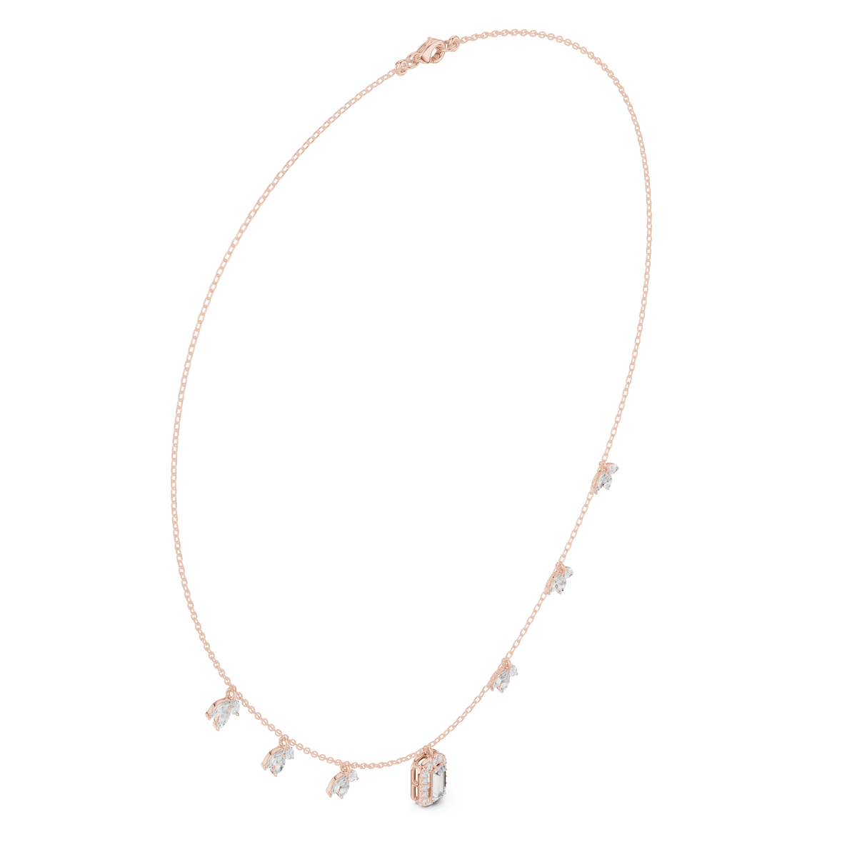 Rose gold halo diamond necklace with small linked stones and baguette centerpiece