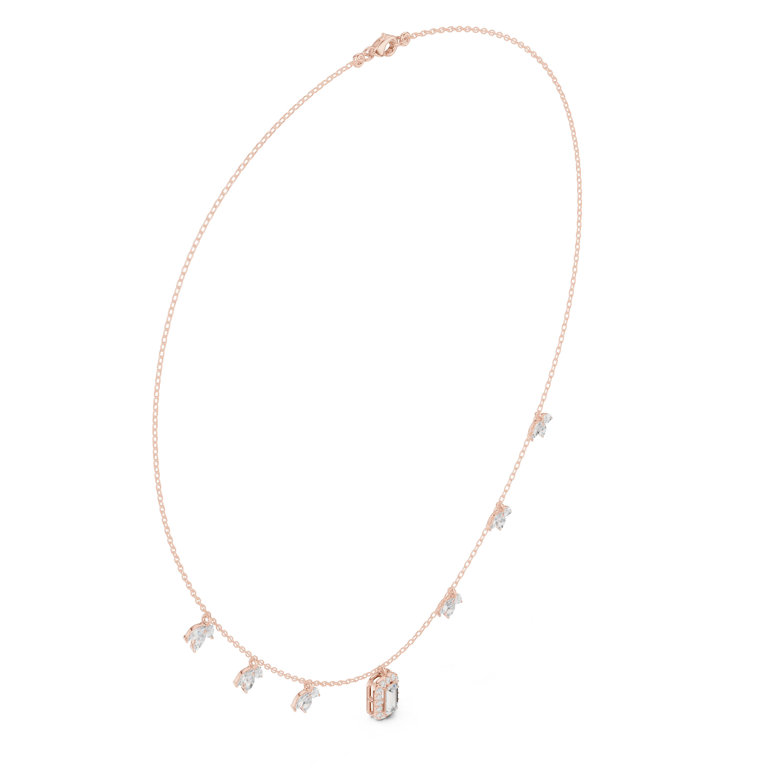 Diamond pendant necklace with baguette center stone and star accents, rose gold
