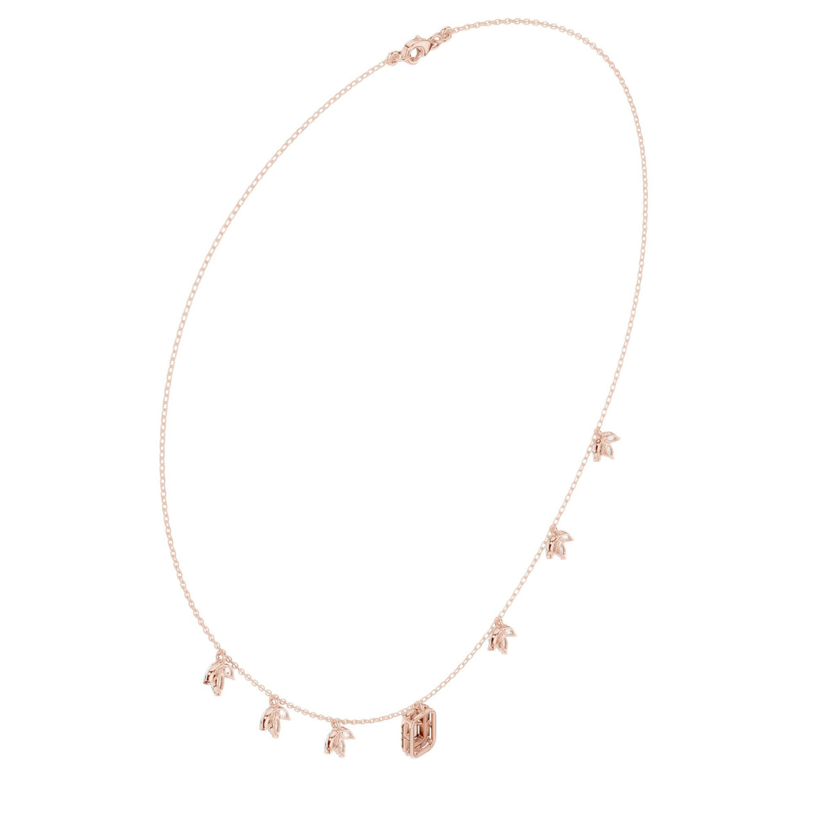 Diamond pendant necklace with baguette center stone and star accents, rose gold