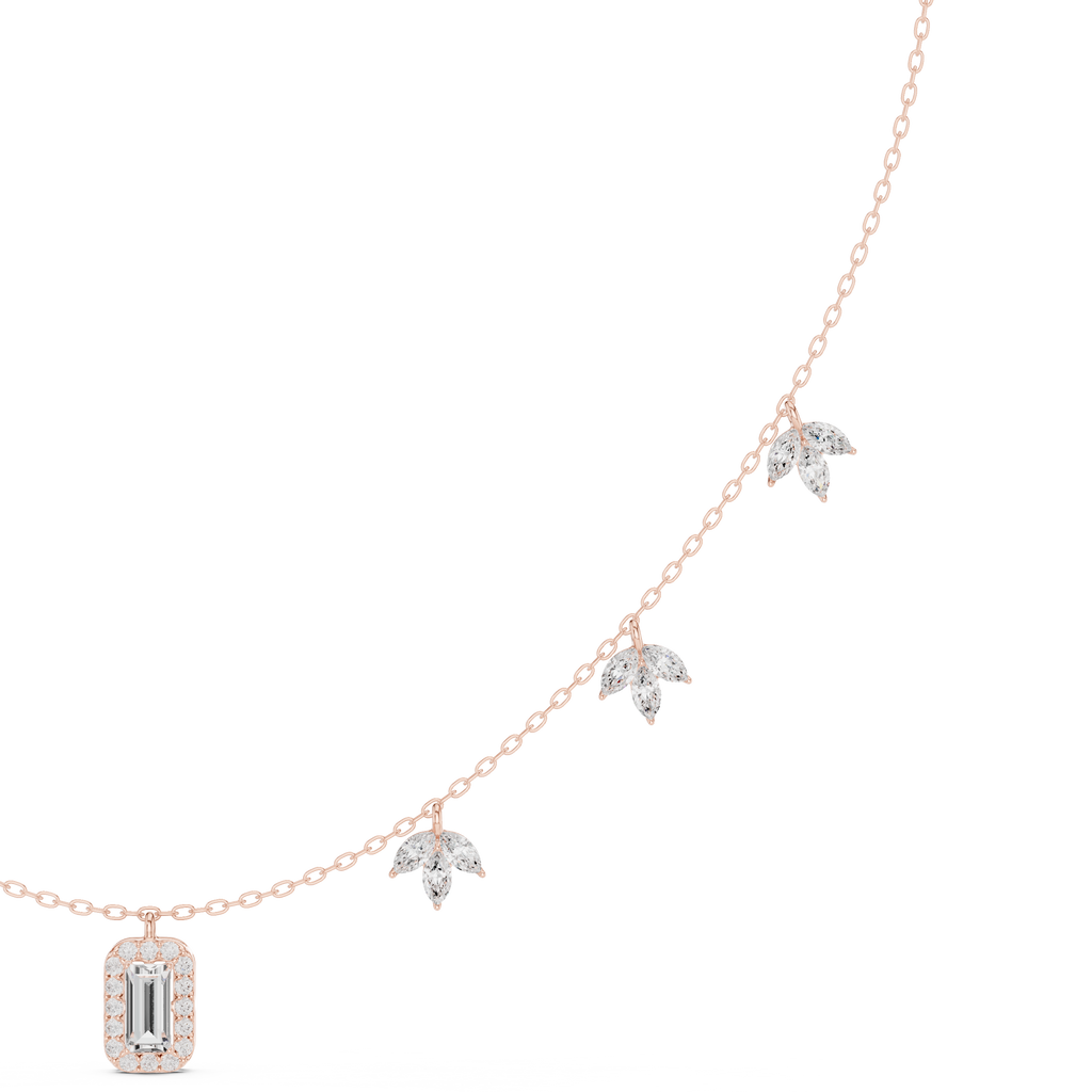 Diamond pendant necklace with baguette center stone and star accents, rose gold