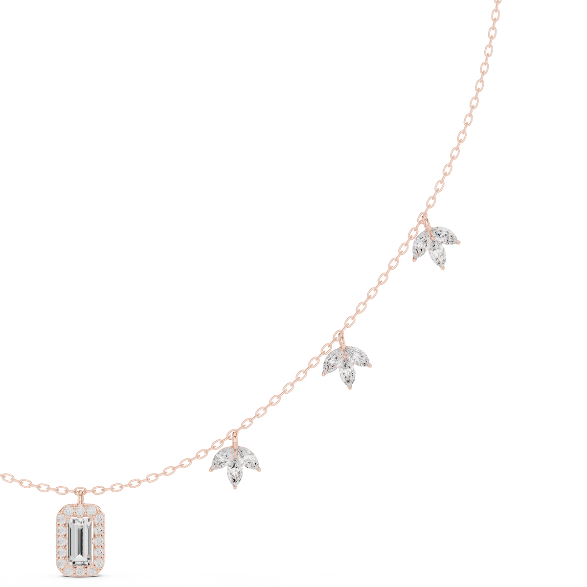Diamond pendant necklace with baguette center stone and star accents, rose gold