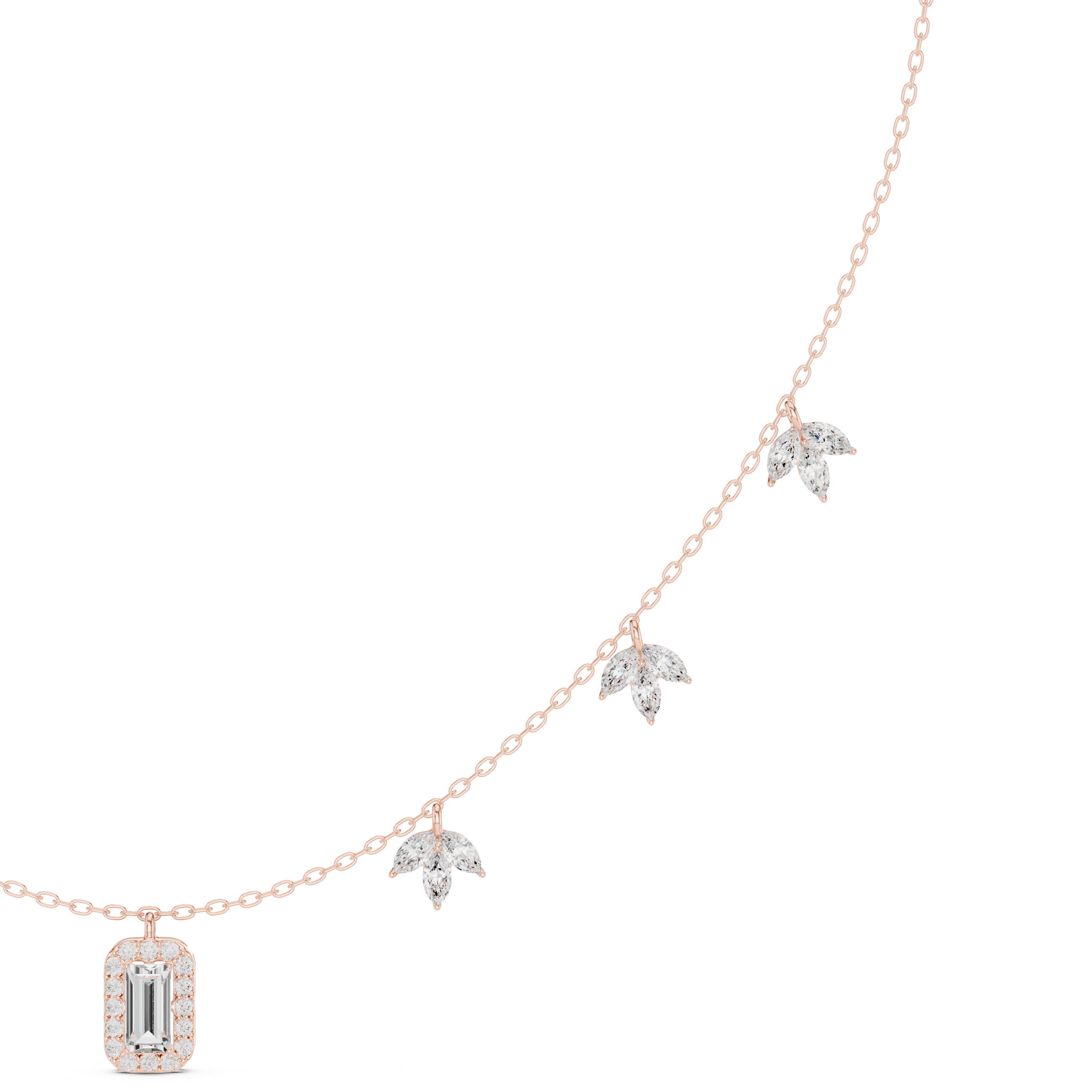 Diamond pendant necklace with baguette center stone and star accents, rose gold
