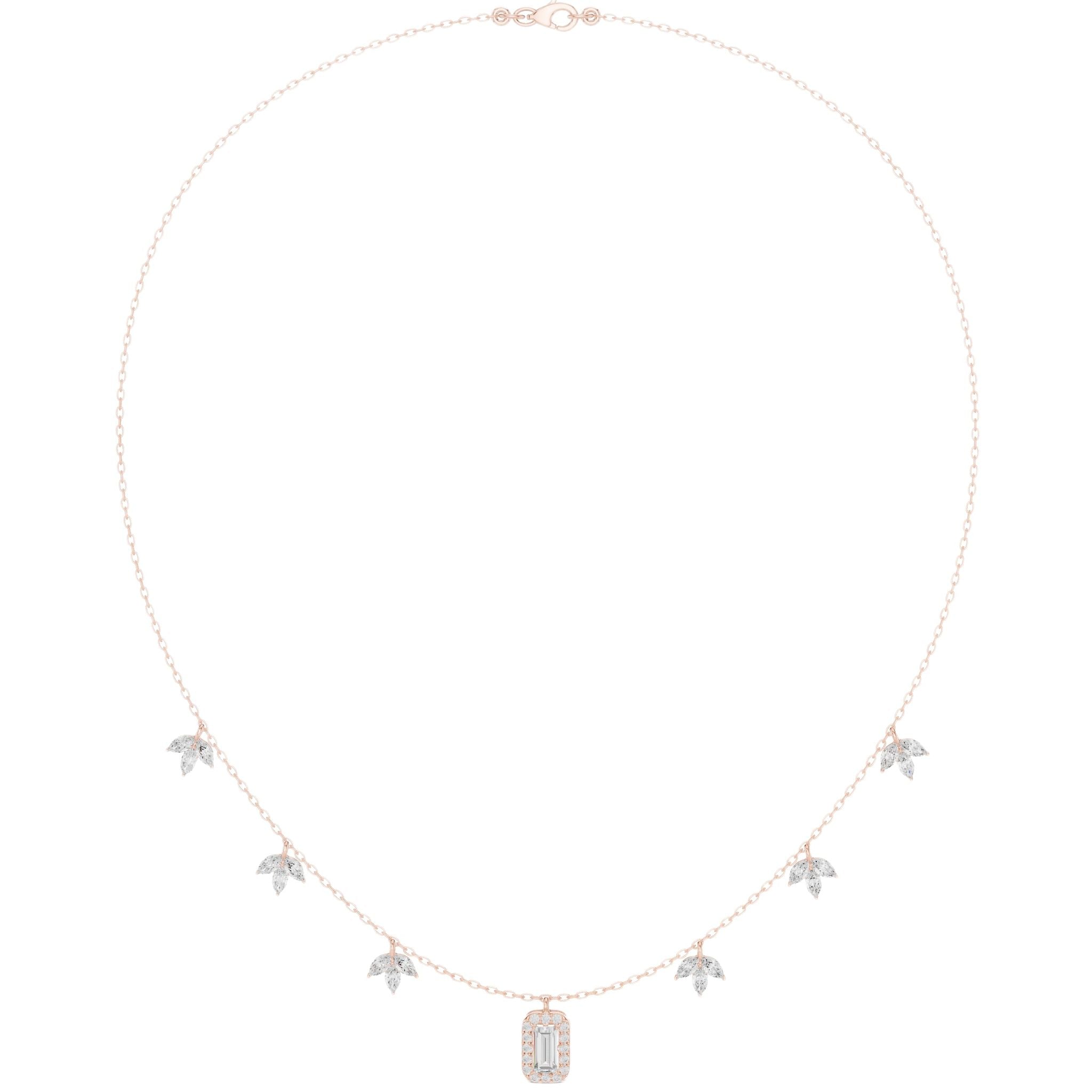 Rose gold halo diamond necklace with small stones and rectangular baguette pendant