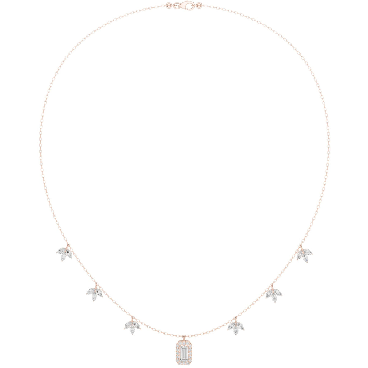 Rose gold halo diamond necklace with small stones and rectangular baguette pendant