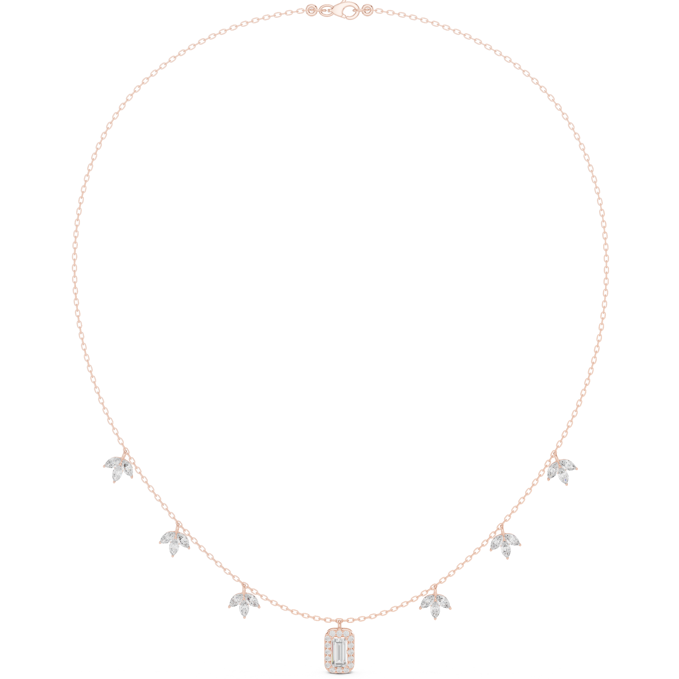Rose gold halo diamond necklace with small stones and rectangular baguette pendant