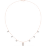Rose gold halo diamond necklace with small stones and rectangular baguette pendant
