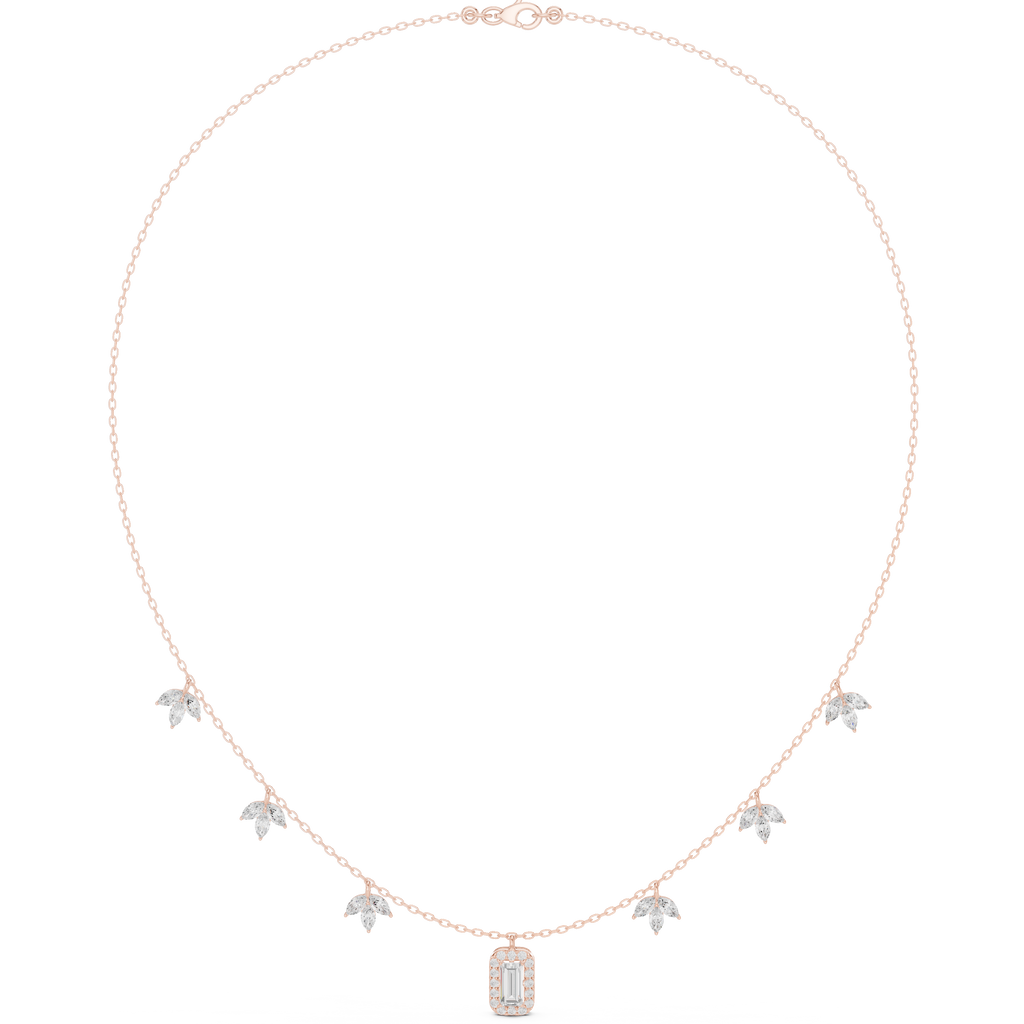 Diamond pendant necklace with baguette center stone and star accents, rose gold