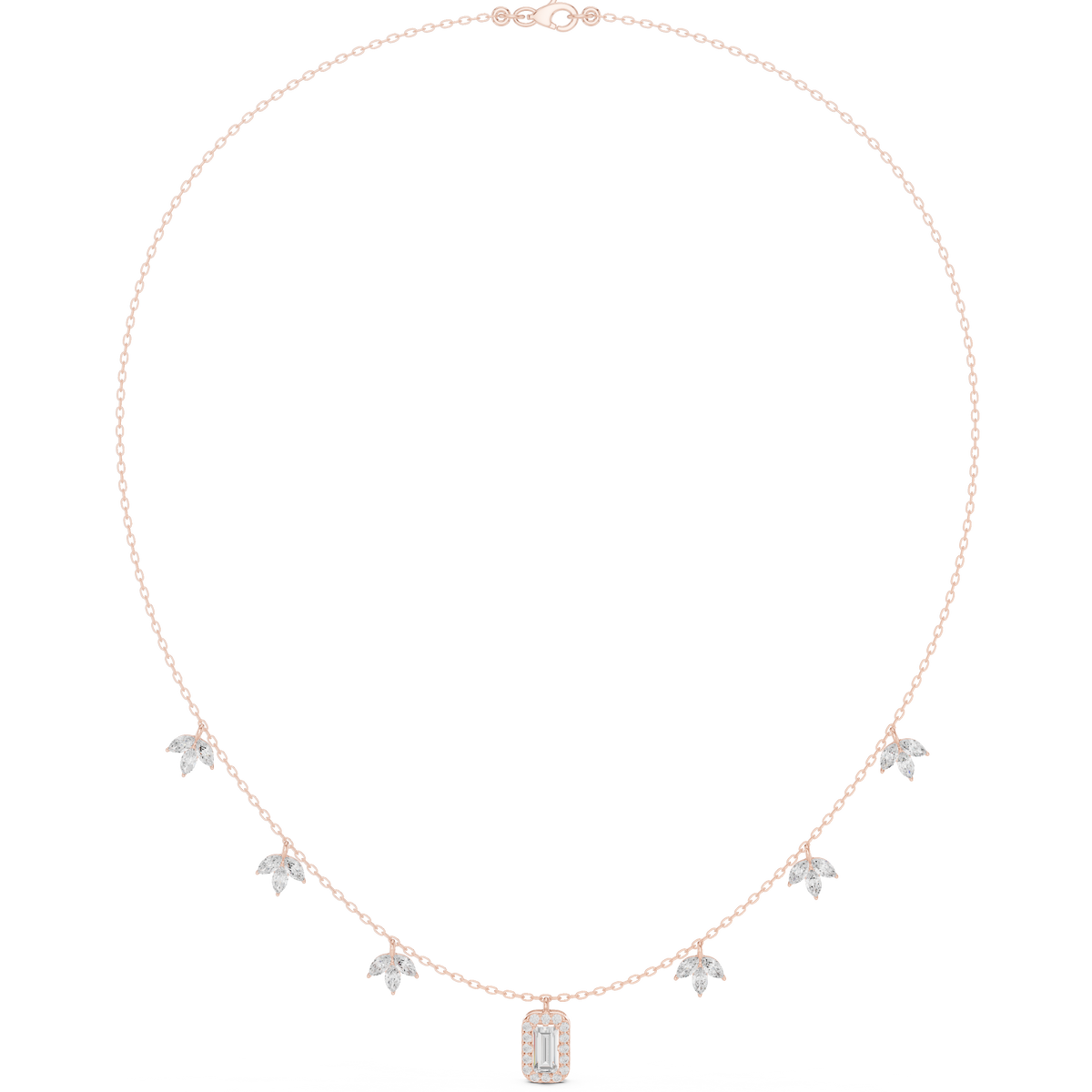 Rose gold halo diamond necklace with small stones and rectangular baguette pendant