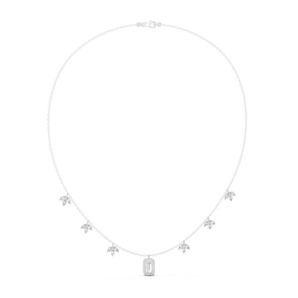 White gold diamond pendant necklace with small star motifs and baguette-cut center stone