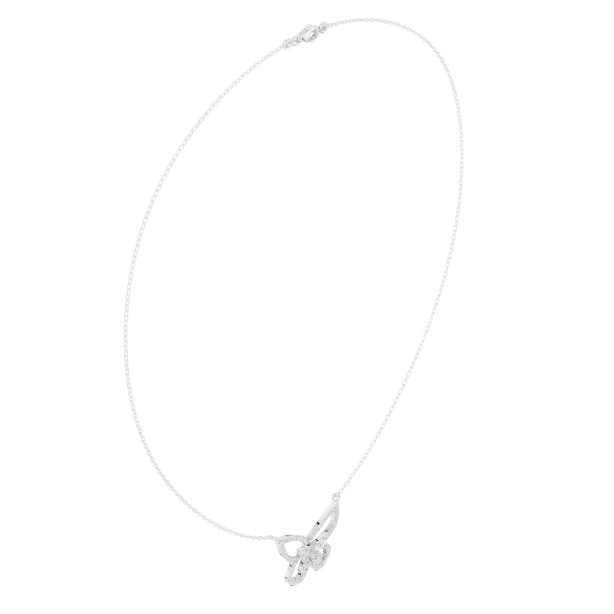 White gold butterfly diamond pendant necklace with round stones, thin chain