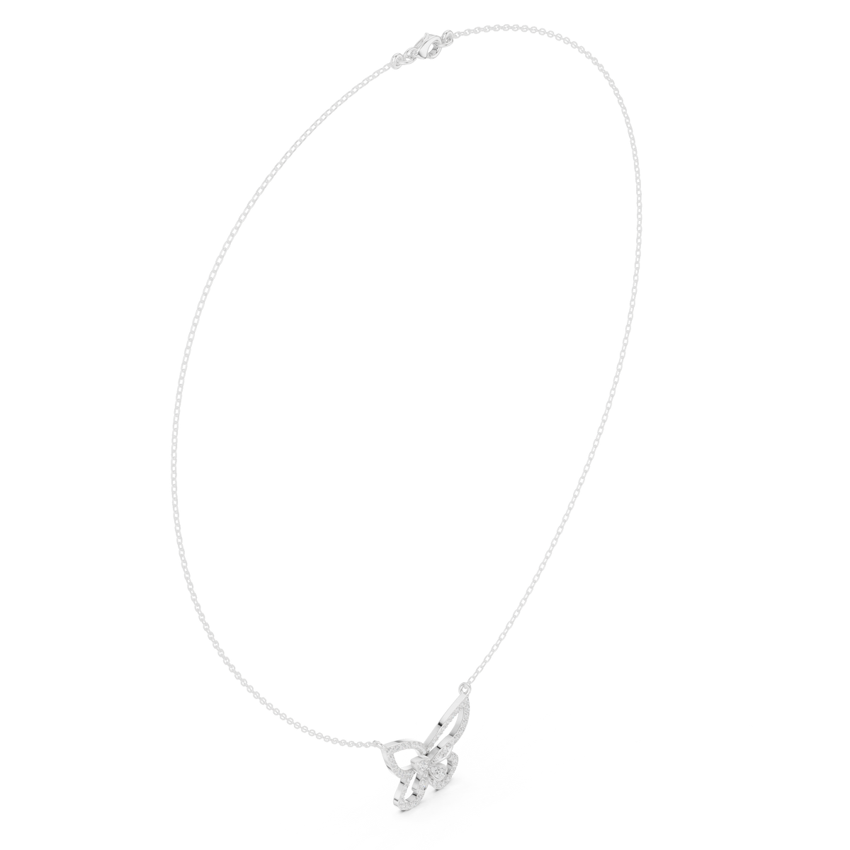 White gold butterfly diamond pendant necklace with round stones, thin chain