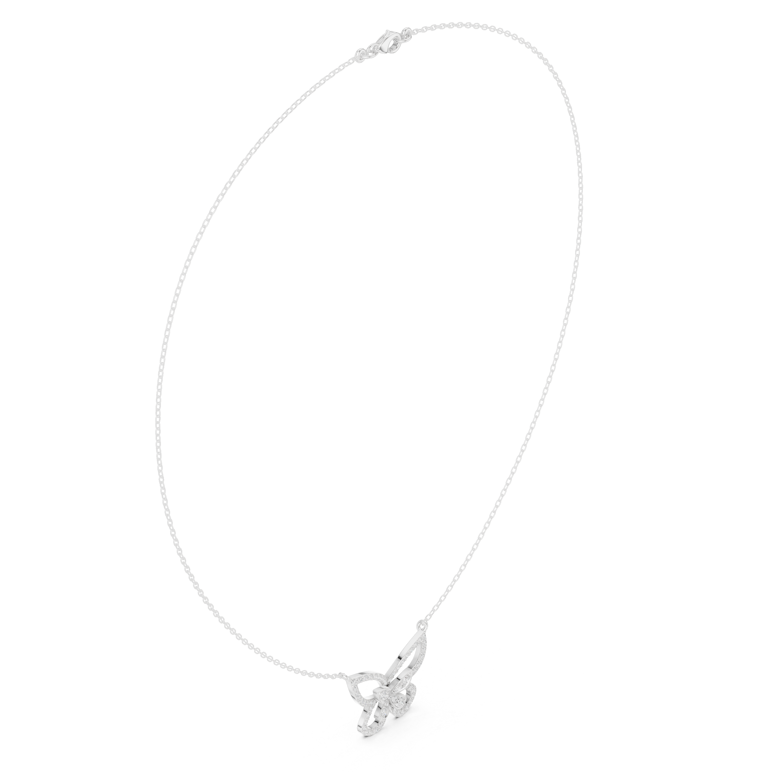 Butterfly diamond pendant on a white gold chain, featuring a round stone set