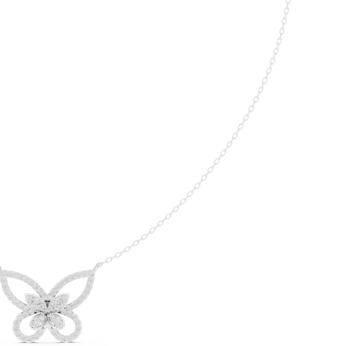 Butterfly diamond pendant on a white gold chain, with sparkling round stones