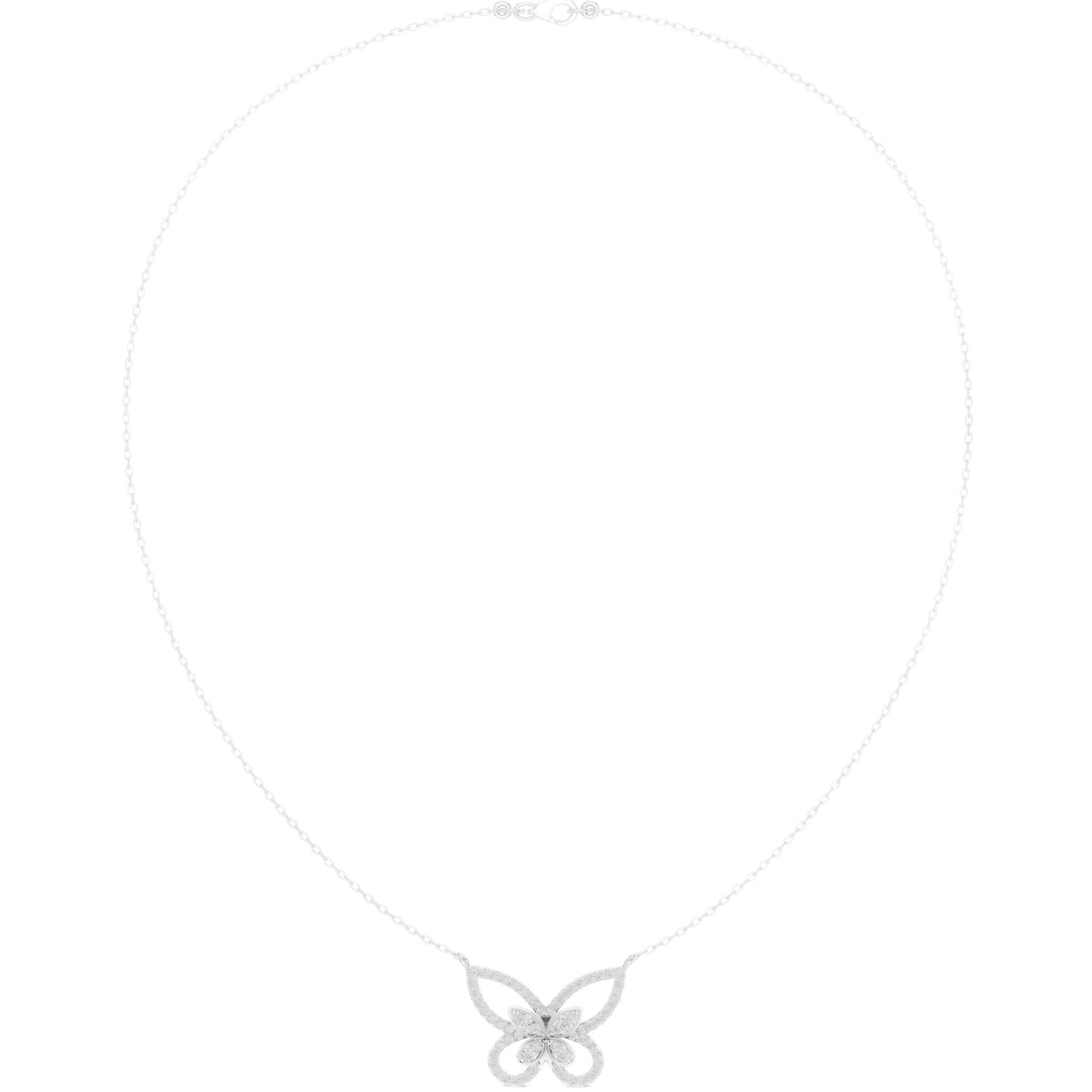 White gold butterfly diamond pendant necklace with round stones, center butterfly
