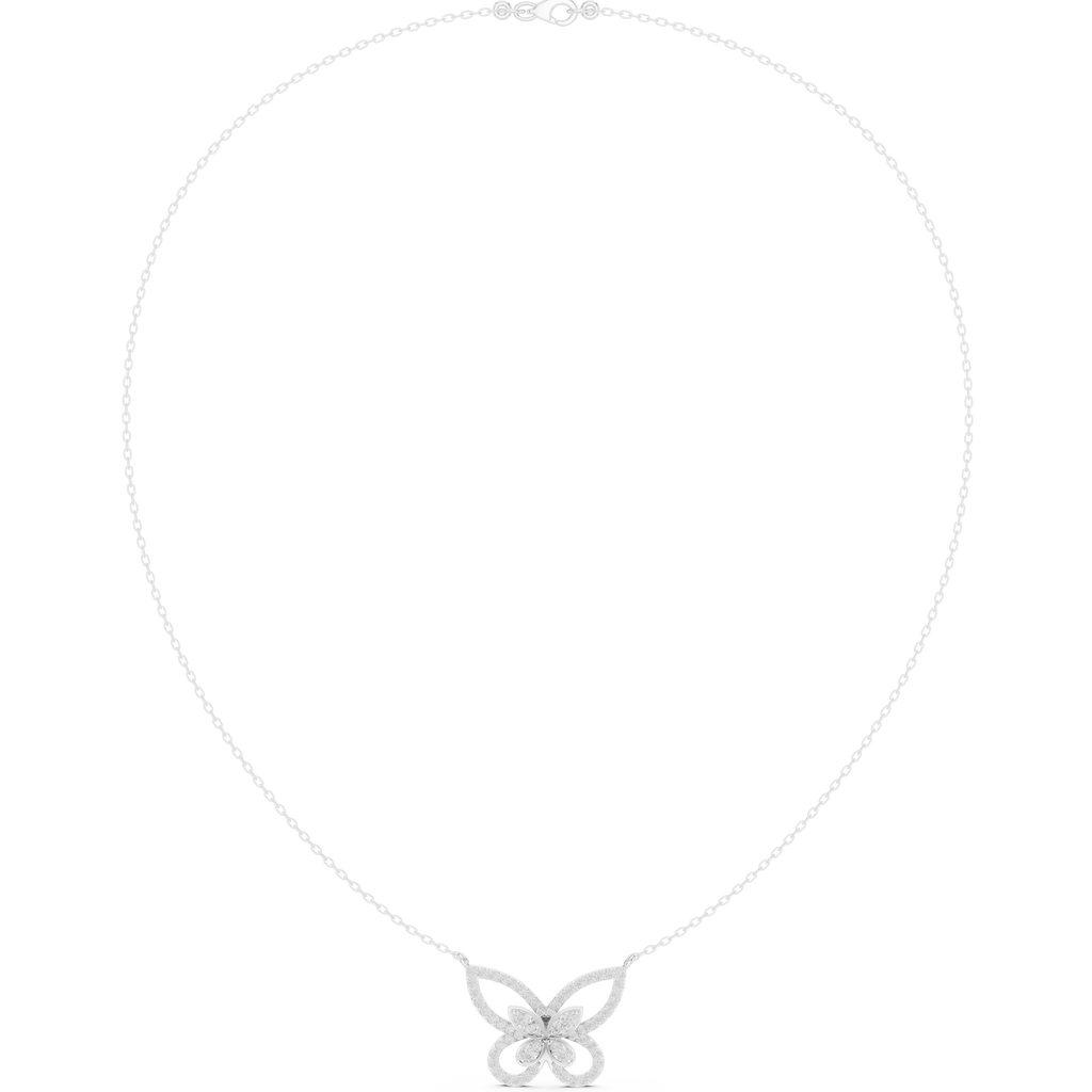 Butterfly diamond pendant with teardrop setting on a silver-tone chain