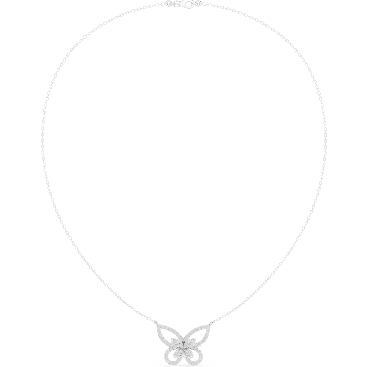 White gold butterfly diamond pendant necklace with round stones, center butterfly