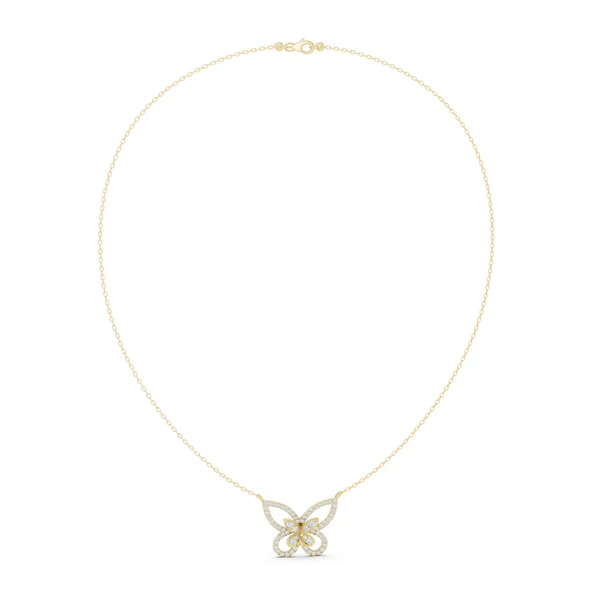 Butterfly diamond pendant on a gold tone chain with small pave details