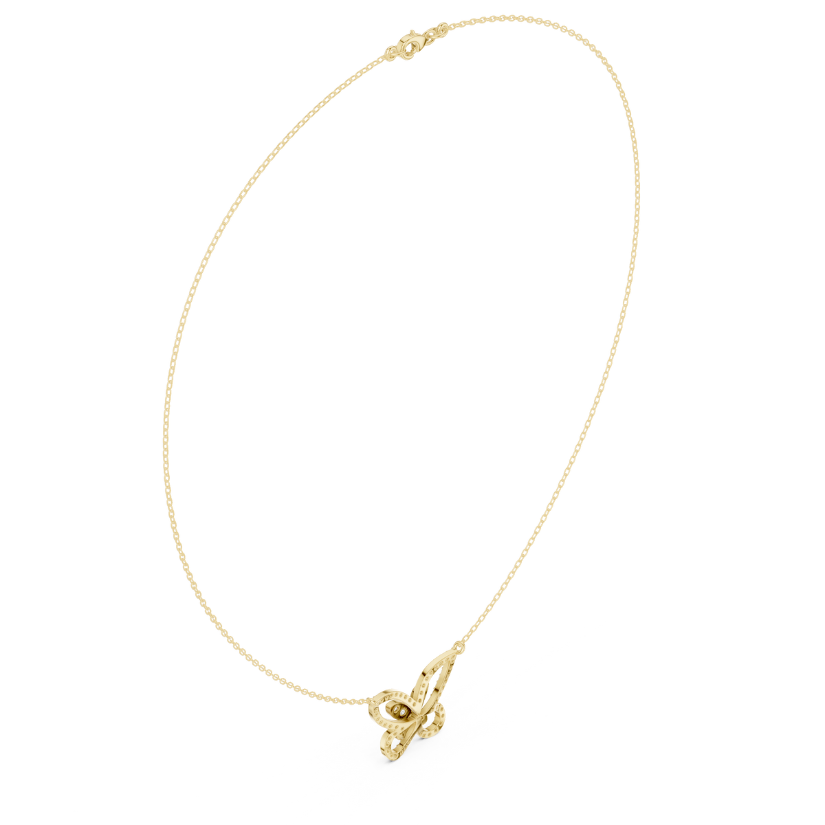 Butterfly diamond pendant with a yellow gold bail and chain, featuring round stones
